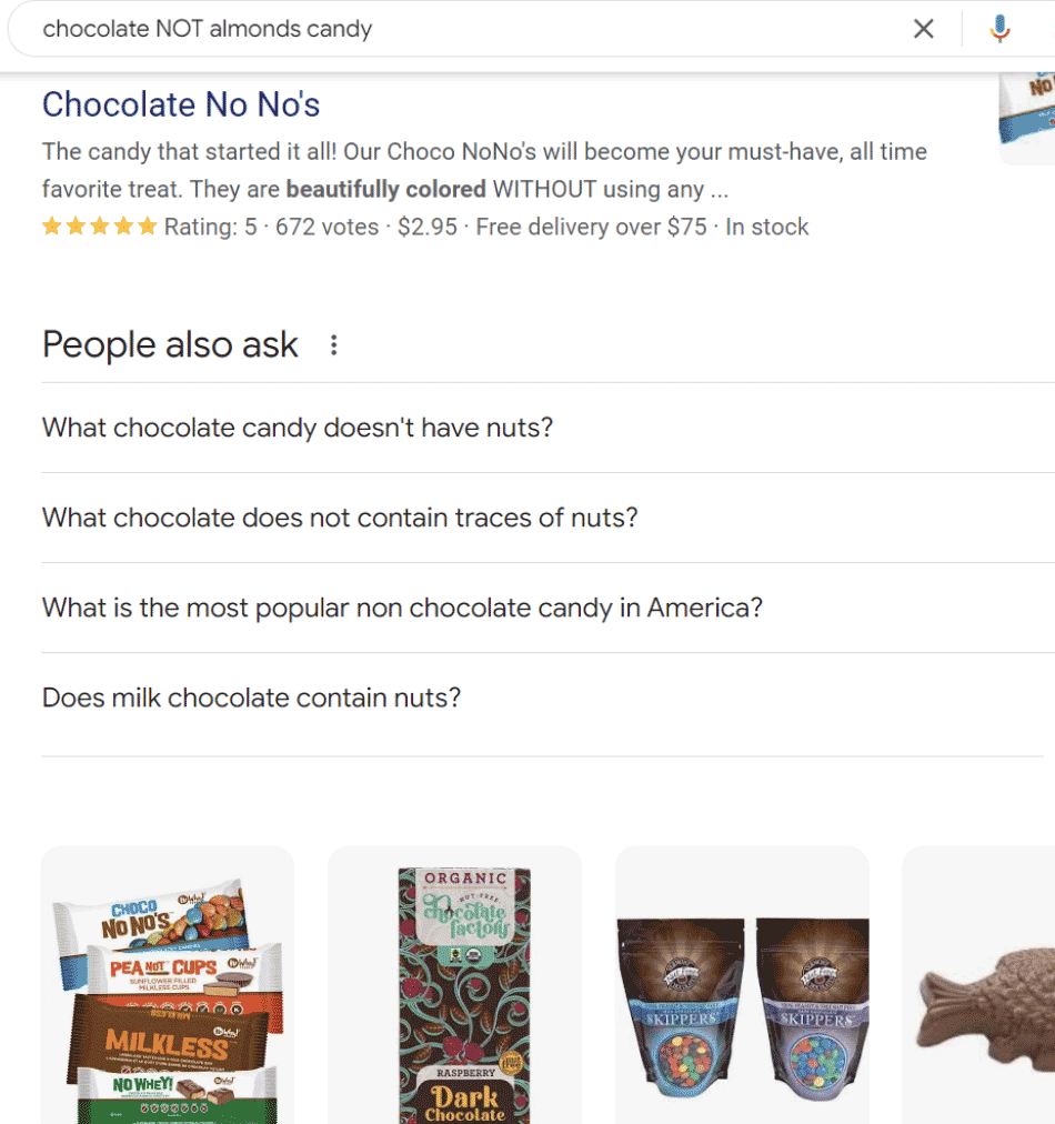 Google search: chocolate NOT almonds candy