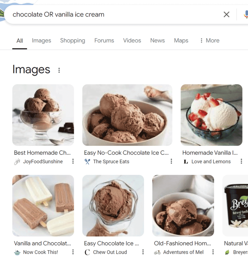 Google search: chocolate OR vanilla ice cream