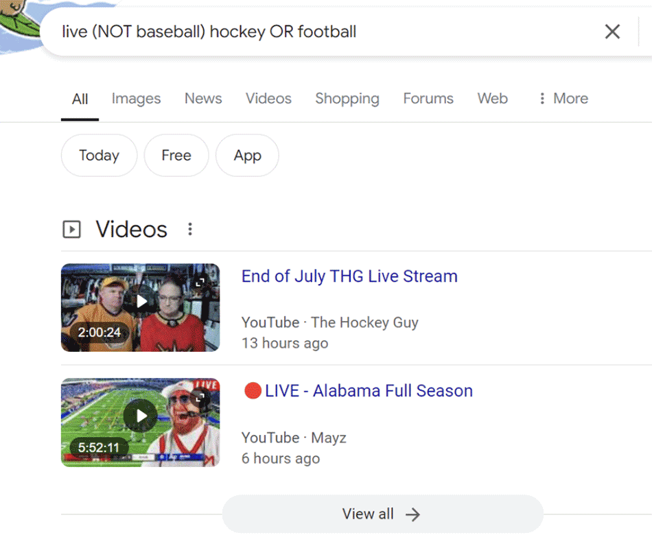 Google search: live (NOT baseball) hockey OR football